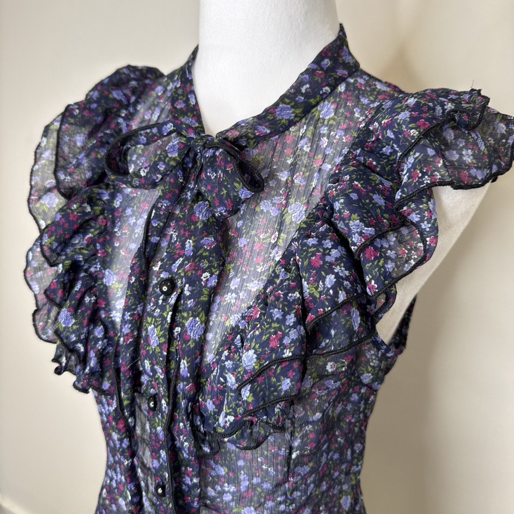 Vintage Y2K Wet Seal Ruffle Sheer Button‎ Up Blouse USA Sleeveless Tie Floral M